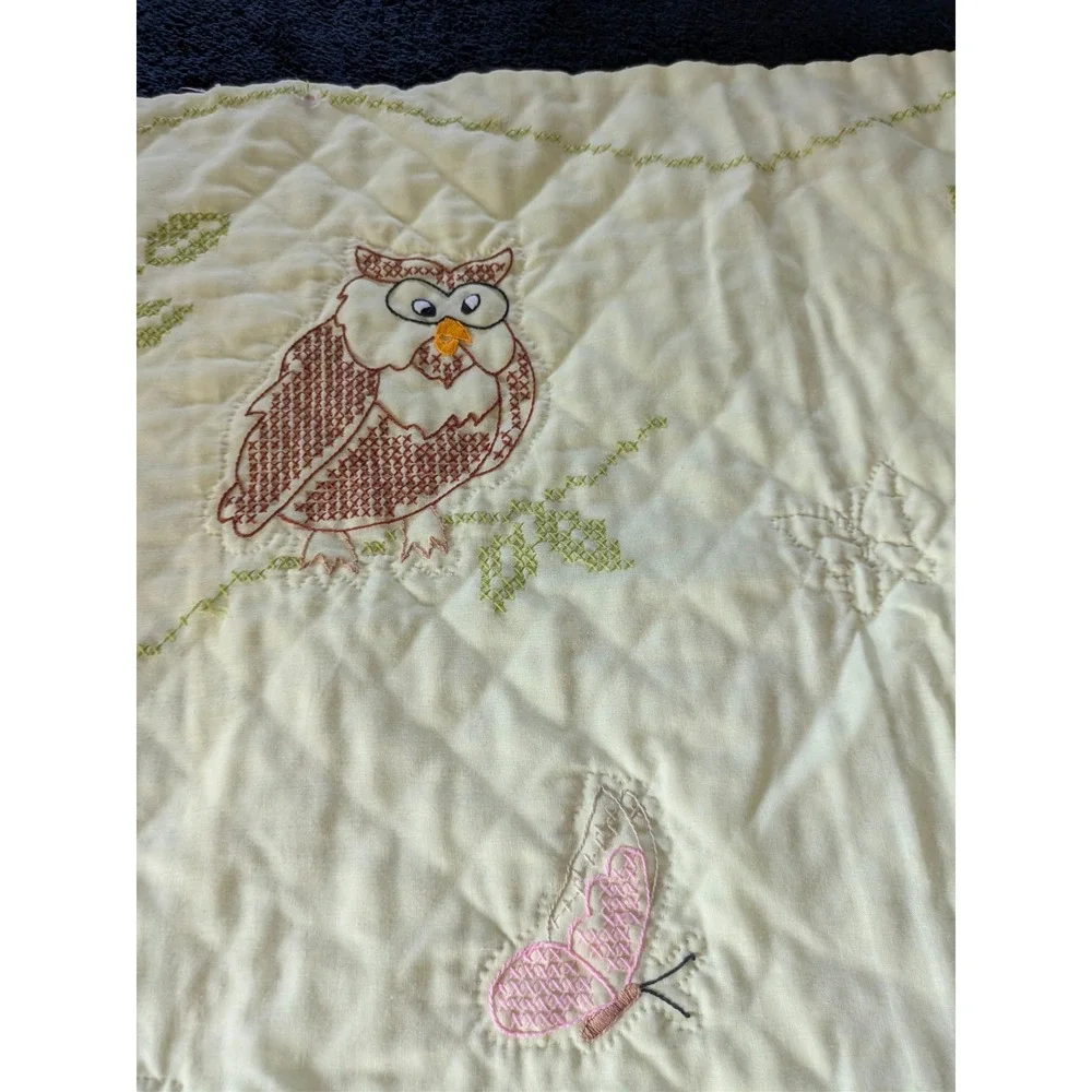 Vintage Disney Bambi Thumper Flower Embroidered Baby Quilt Cream Yellow 30x43